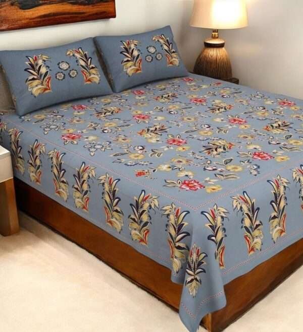 Floral Print Pure Cotton Bedsheet Set, Grey Blue
