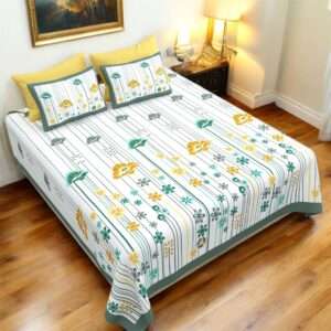 Pure Cotton Double Bedsheet Set with 2 Pillow Covers, Floral Striped Print, White Base with Green Border, 108x108 Inches