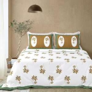 Pure cotton White base King Size bedsheet with green border with autumn leaves, 108x108 Inches