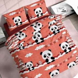 Pure Cotton Kids Bedsheet with Panda Print, Orange, 90x108 Inches