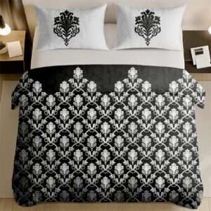 Pure Cotton King Size Bedsheet with 2 Pillow Covers, Black and White Damask Bouquet Print, 108x108 Inches