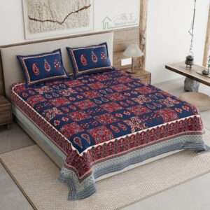 Pure Cotton King Size Bedsheet with 2 Pillow Covers, Blue, Floral Squares Print, 108x108 inches