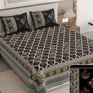 Pure Cotton King Size Bedsheet with 2 Pillow Covers, Black, Floral Crisscross Print, 108x108 inches
