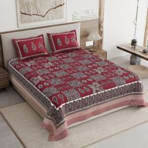 Pure Cotton King Size Bedsheet with 2 Pillow Covers, Maroon, Floral Squares Print, 108x108 inches