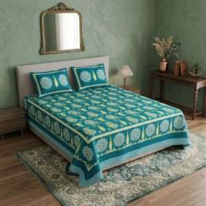 Pure Cotton King Size Bedsheet with 2 Pillow Covers, Blue, Floral Tree Print, 108x108 Inches
