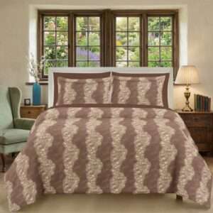 Pure Cotton King Size Bedsheet with 2 Pillow Covers, Floral Stripe Print, Brown, 108x108 Inches