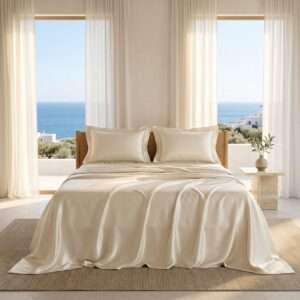 300 TC Solid Satin Cotton Bedsheet with 2 Pillow Covers, Pearl, 108×108 Inches