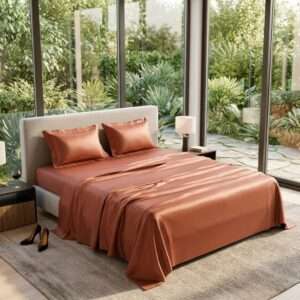 300 TC Solid Satin Cotton Bedsheet with 2 Pillow Covers, Brick, 108×108 Inches