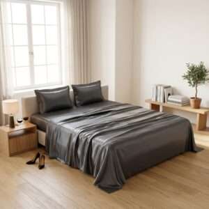 300 TC Solid Satin Cotton Bedsheet with 2 Pillow Covers, Grey, 108×108 Inches