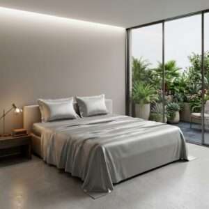 300 TC Solid Satin Cotton Bedsheet with 2 Pillow Covers, Ash Grey, 108×108 Inches