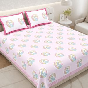 Pure Cotton King Size Bedsheet with 2 Pillow Covers, Pink, Bunny Print, 108×108 inches