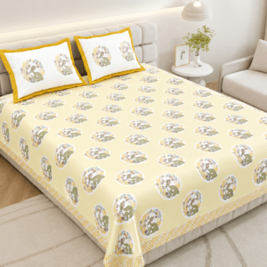 Pure Cotton King Size Bedsheet with 2 Pillow Covers, Yellow, Bunny Print, 108×108 inches