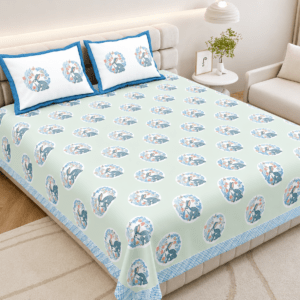 Pure Cotton King Size Bedsheet with 2 Pillow Covers, Blue, Bunny Print, 108×108 inches