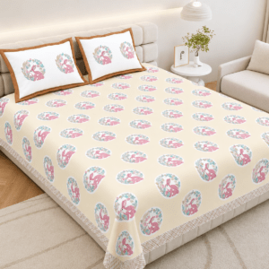 Pure Cotton King Size Bedsheet with 2 Pillow Covers, Beige, Bunny Print, 108×108 inches