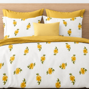 Pinstriped Pure Cotton Bedsheet with 2 Pillow Covers, Yellow Floral Print, 90×100 inches