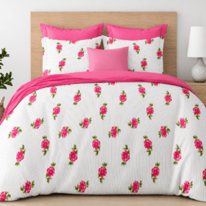 Pinstriped Pure Cotton Bedsheet with 2 Pillow Covers, Pink Floral Print, 90×100 inches