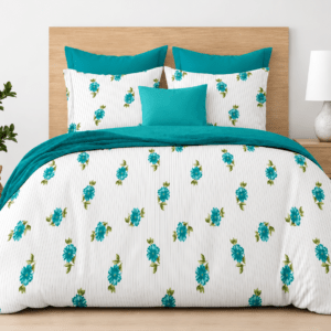 Pinstriped Pure Cotton Bedsheet with 2 Pillow Covers, Teal Floral Print, 90×100 inches