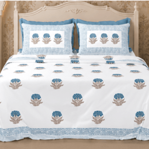 Floral Pure Cotton Bedsheet with 2 Pillow Covers, Blue, 95x108 Inches