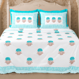 Floral Pure Cotton Bedsheet with 2 Pillow Covers, Turquoise, 95x108 Inches