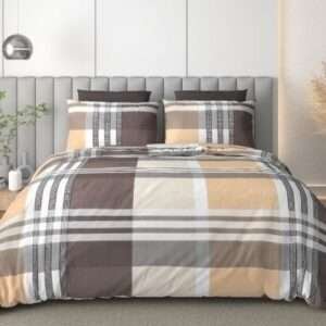 Premium King Size Pure Cotton Plaid Checked Bedsheet Set (108 x 108 Inches) Grey & Brown