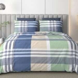 Premium King Size Pure Cotton Plaid Checked Bedsheet Set (108 x 108 Inches) Grey & Blue