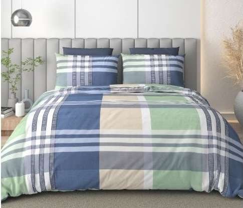 Plaid Check Pure Cotton Bedsheet Set, Grey & Blue