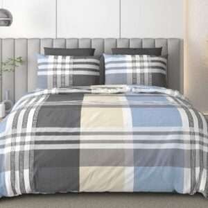 Premium King Size Pure Cotton Plaid Checked Bedsheet Set (108 x 108 Inches) Grey & Blue