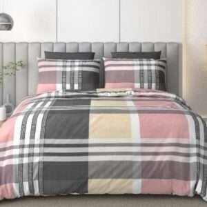 Premium King Size Pure Cotton Plaid Checked Bedsheet Set (108 x 108 Inches) Grey & Pink
