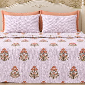 Double Bed Pure Cotton Handblock Printed Bedsheet Set (95 x 108 Inches) Purple & Cream