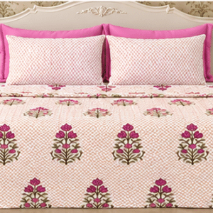 Double Bed Pure Cotton Handblock Printed Bedsheet Set (95 x 108 Inches) Beige & Cream