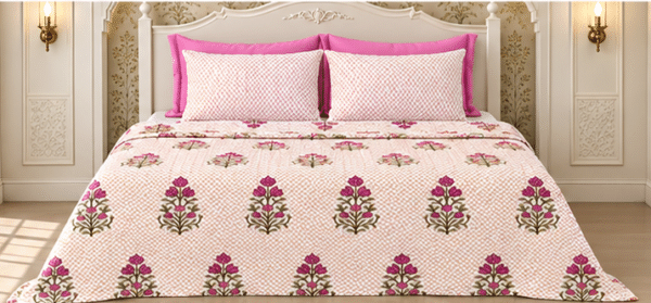 Handblock Print Pure Cotton Bedsheet Set, Beige & Cream