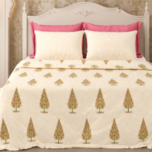 Pure Cotton Handblock Printed Bedsheet Set (95 x 108 Inches) Ivory & green