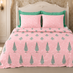Pure Cotton Handblock Printed Bedsheet Set (95 x 108 Inches) Pink & Mint