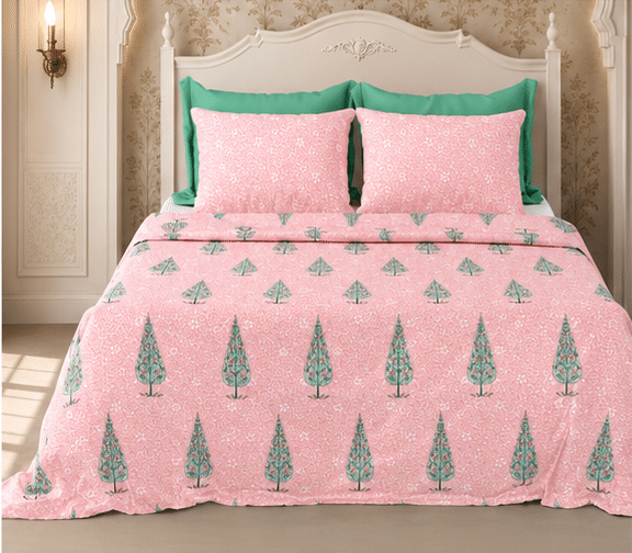 Handblock Print Pure Cotton Bedsheet Set, Pink & Mint
