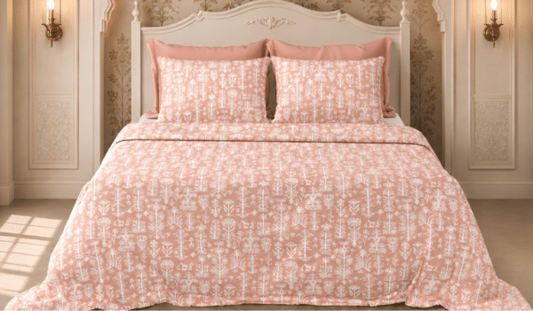 Botanical Print Pure Cotton Bedsheet Set, Peach