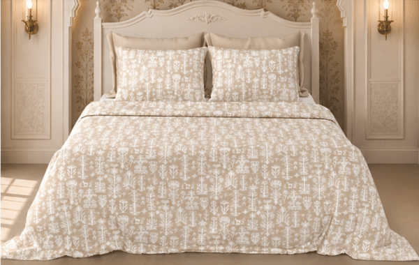Botanical Print Pure Cotton Bedsheet Set, Earthy Beige