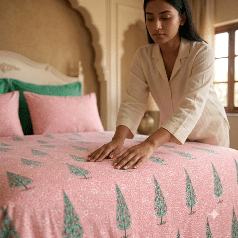 A woman smoothing a pink and mint handblock-printed bedsheet
